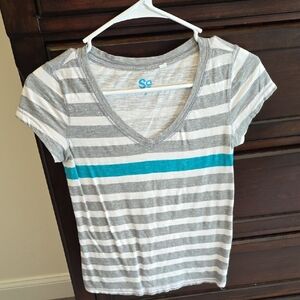SO Gray and Teal Striped Short Sleeve Top